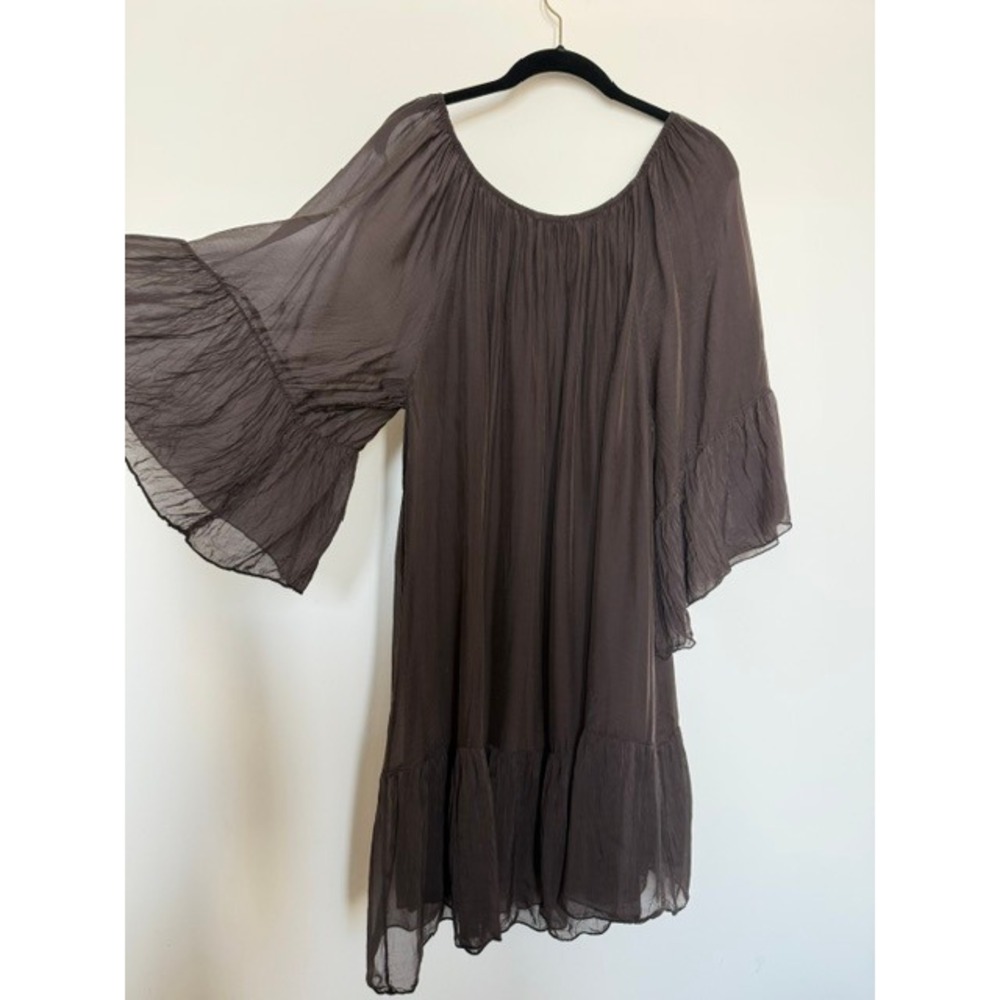 Chocolate Brown Silk Blend Boho Off Shoulder Flowy Dress | Peasant Mini | M/L - Picture 7 of 9